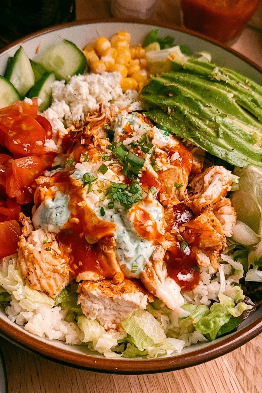 Roasted Buffalo Chicken Bowls with Rice and Ranch 1 Buffalo chicken protein bowl garnished with fresh vegetables and spicy sauce
