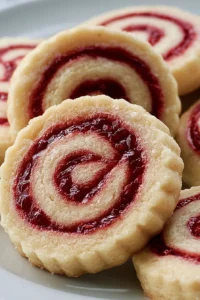 Buttery raspberry swirl shortbread cookies on a plate