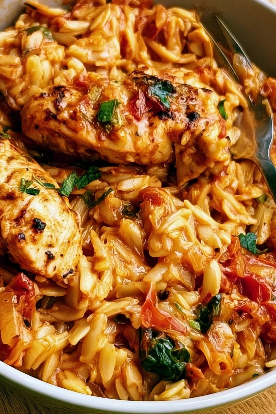 Delicious bowl of Cajun Chicken Orzo garnished with fresh herbs