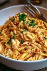 A delicious plate of Cajun Crab Pasta garnished with herbs and spices.