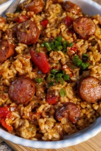 Delicious Cajun Dirty Rice with Smoked Sausage served in a bowl