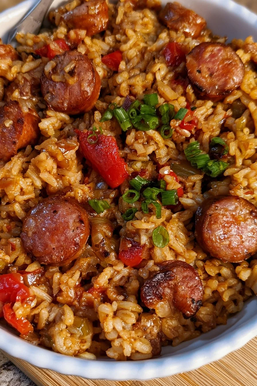 Delicious Cajun Dirty Rice with Smoked Sausage served in a bowl