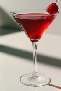 Chambord Cosmopolitan cocktail garnished with a twist of lime