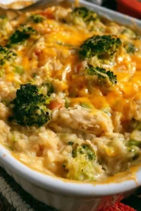 Cheesy Broccoli Chicken and Rice Casserole topped with golden cheese