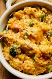 Cheesy chicken and rice casserole served in a baking dish with garnishes.