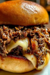 Delicious Philly Cheesesteak Sloppy Joes with gooey cheese and savory beef