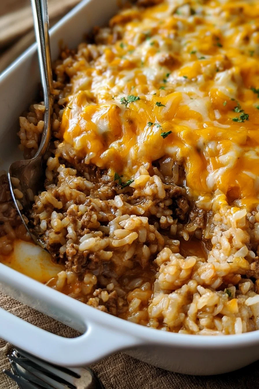 Cheesy ground beef and rice casserole baked in a dish, ready to serve
