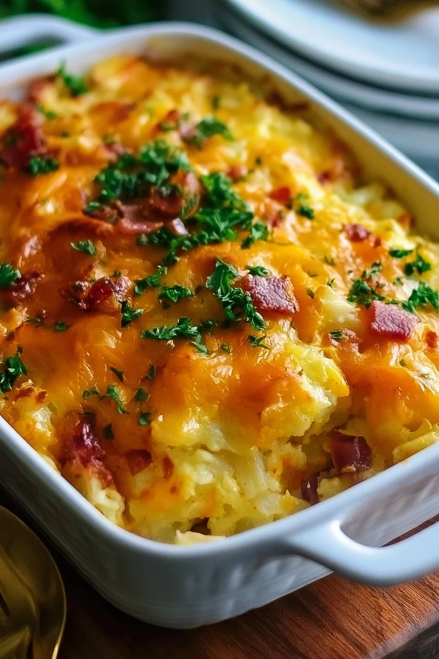 Cheesy hashbrown breakfast casserole baked to perfection with creamy cheese.