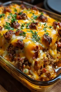 Cheesy Loaded Meatloaf Casserole topped with melted cheese and herbs