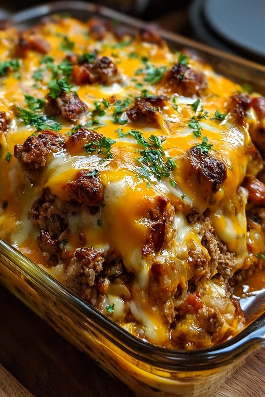 Cheesy Loaded Meatloaf Casserole topped with melted cheese and herbs
