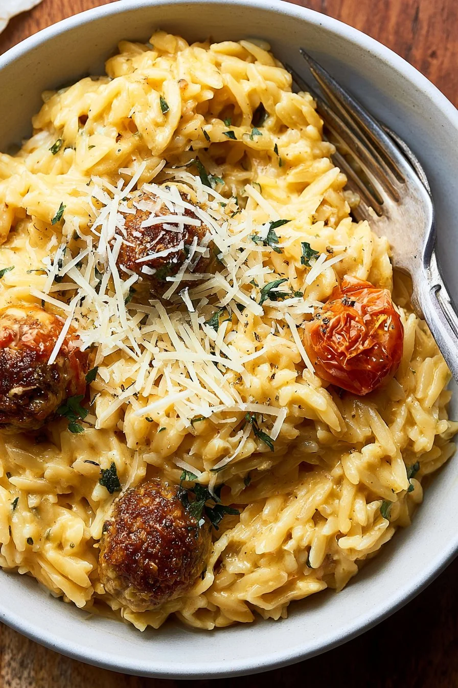 Creamy Cheesy Orzo Pasta served in a bowl with fresh herbs