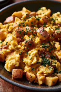 Cheesy potato egg scramble served on a plate with herbs and toppings.