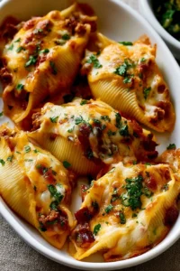 Cheesy taco stuffed pasta shells topped with melted cheese and taco seasoning