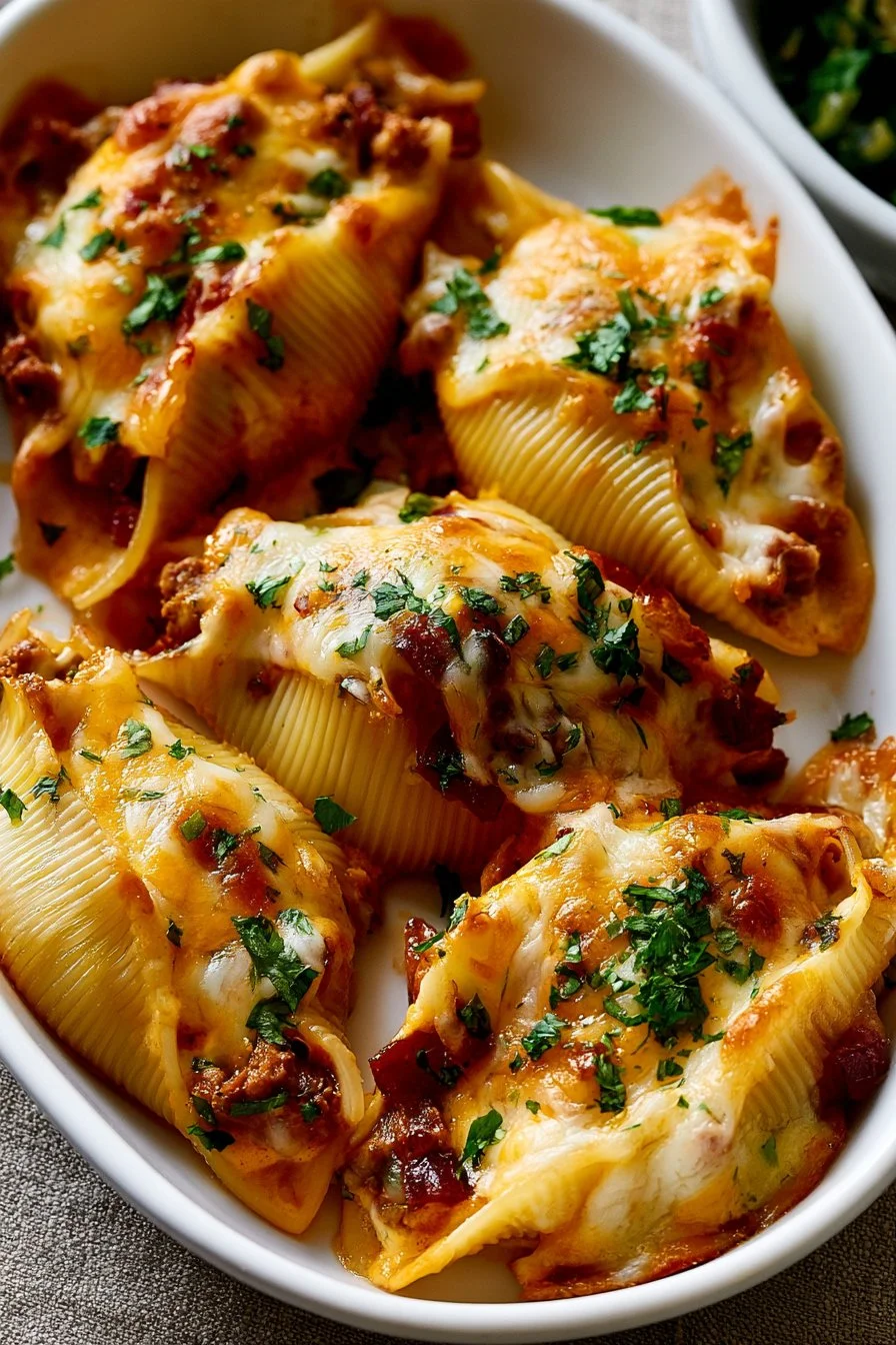 Cheesy taco stuffed pasta shells topped with melted cheese and taco seasoning