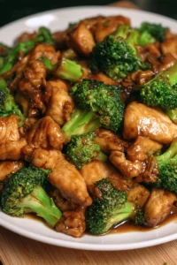 Plate of chicken and broccoli stir-fry with colorful vegetables.