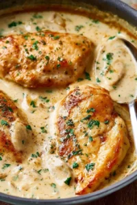 Chicken breasts cooked in creamy garlic sauce served on a plate