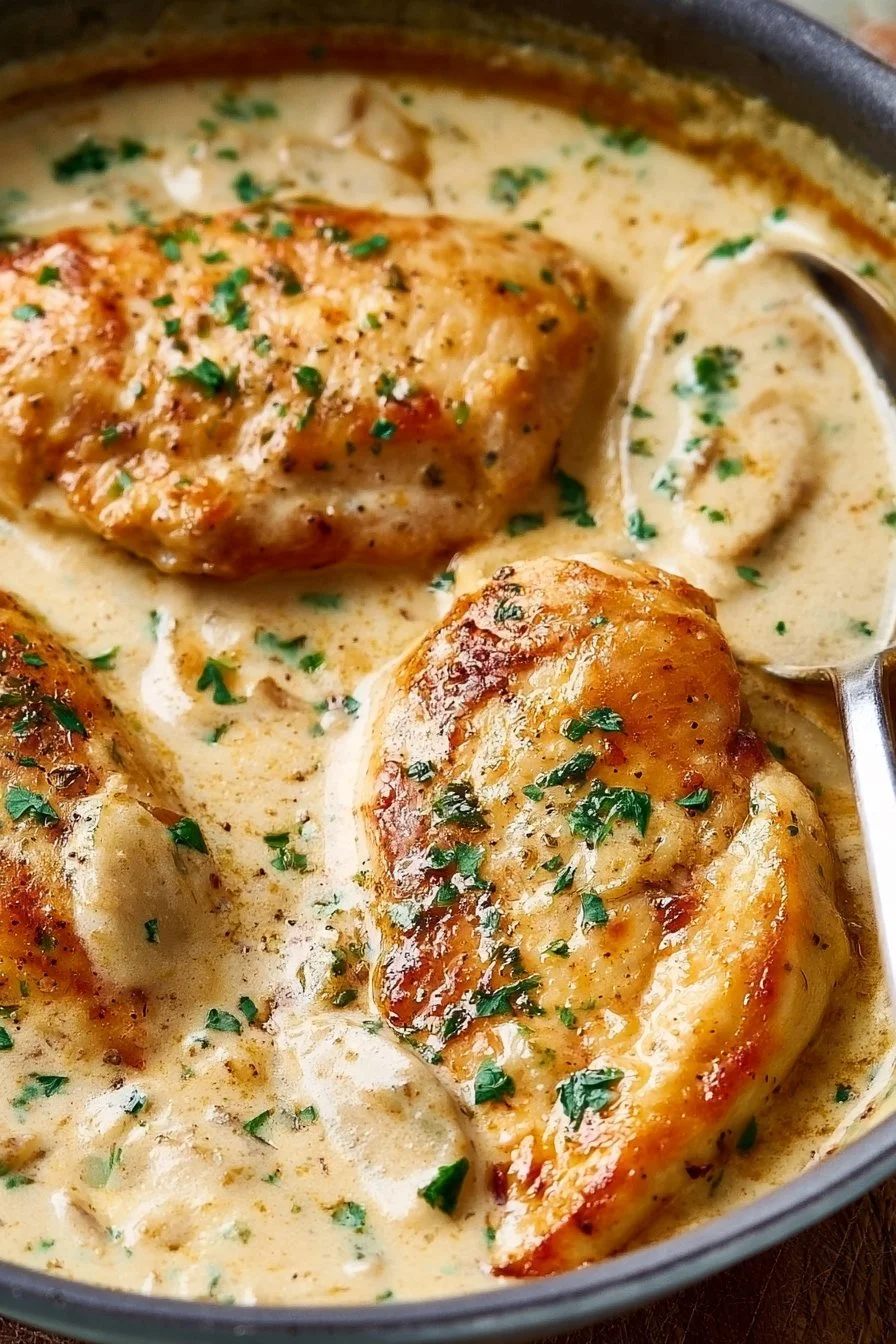 Home 1 Chicken breasts cooked in creamy garlic sauce served on a plate