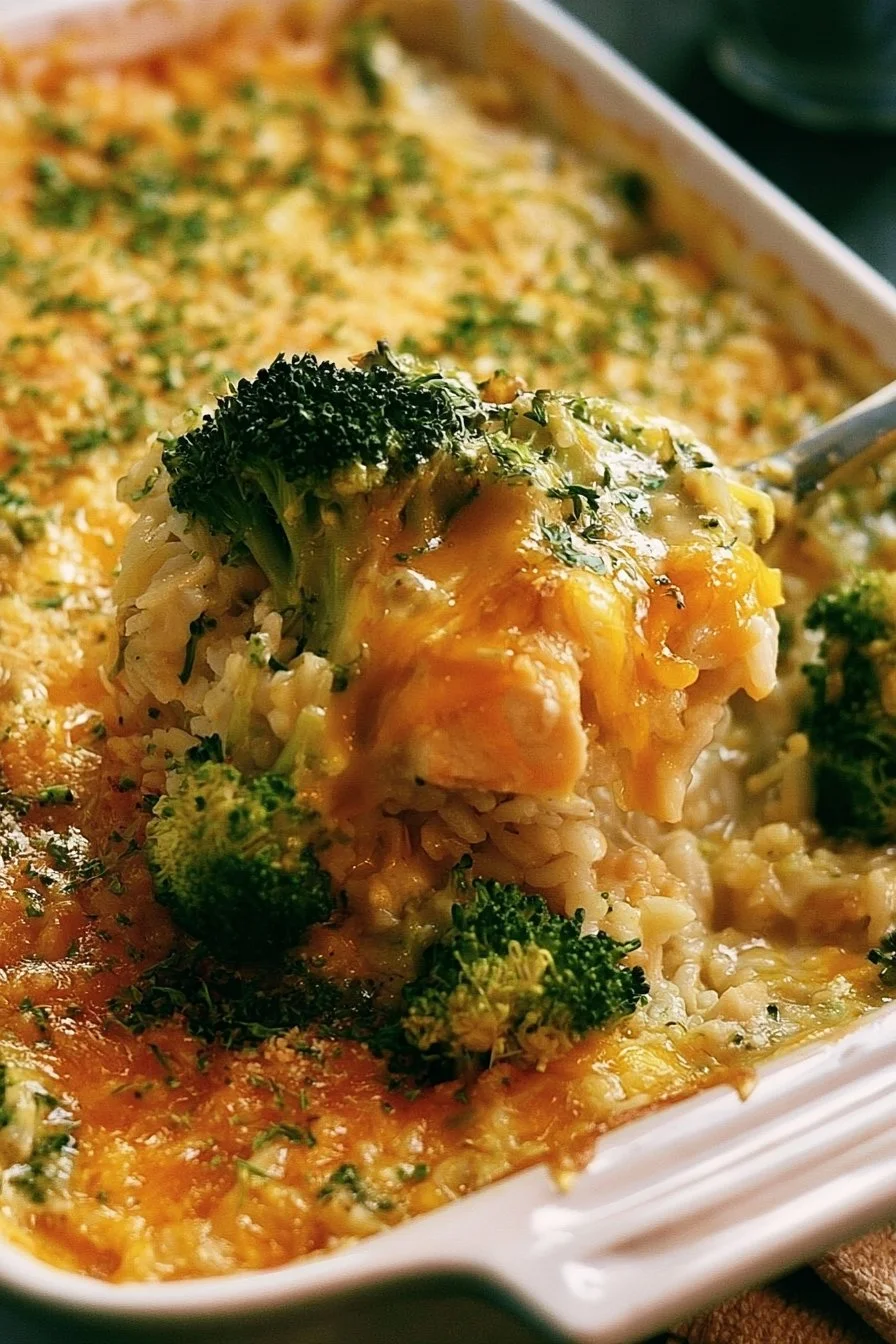 Delicious Chicken Broccoli Rice Casserole served in a dish