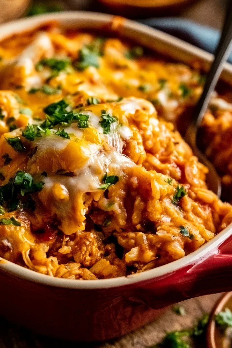 Delicious Chicken Enchilada Rice Casserole topped with cheese and spices