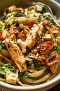 Plate of Chicken Feta Spinach Pasta with fresh spinach and feta cheese