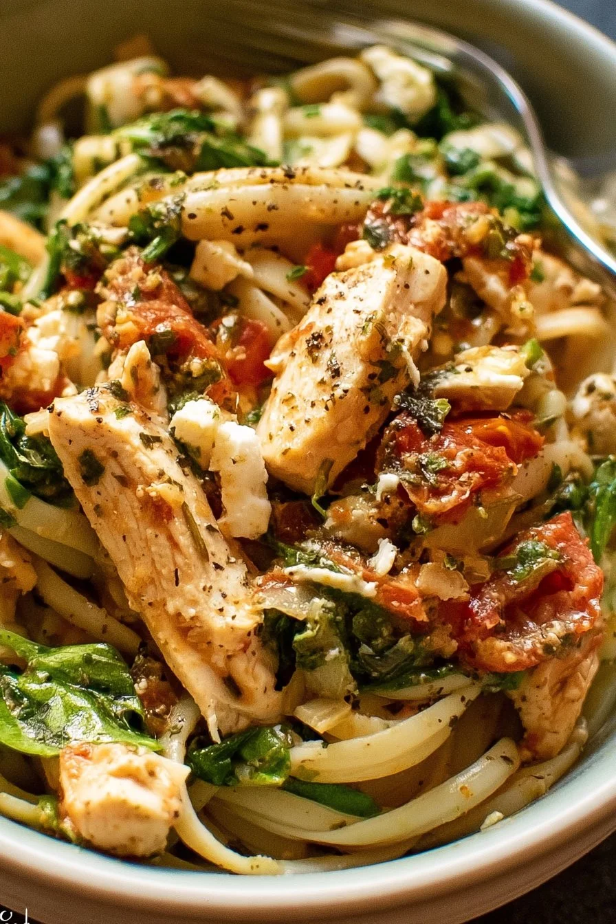 Plate of Chicken Feta Spinach Pasta with fresh spinach and feta cheese