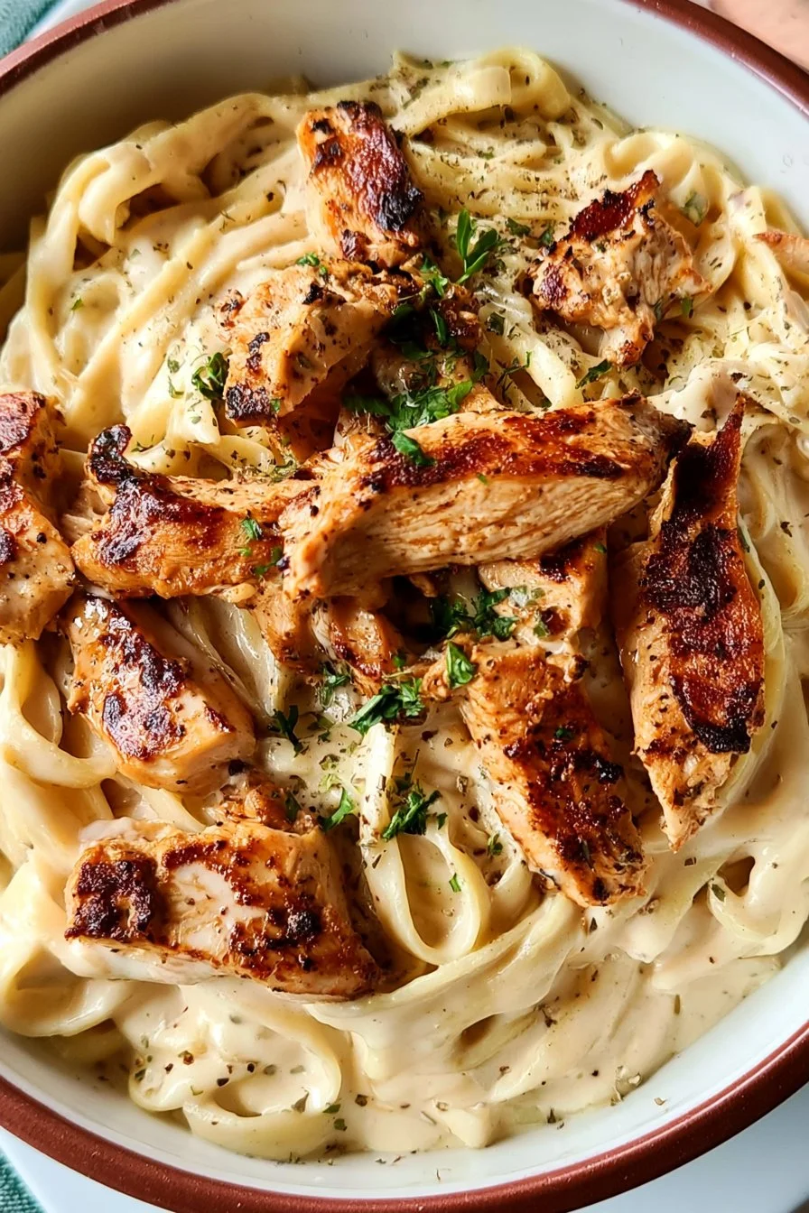 Creamy Chicken Fettuccine Alfredo in a bowl with parsley garnish