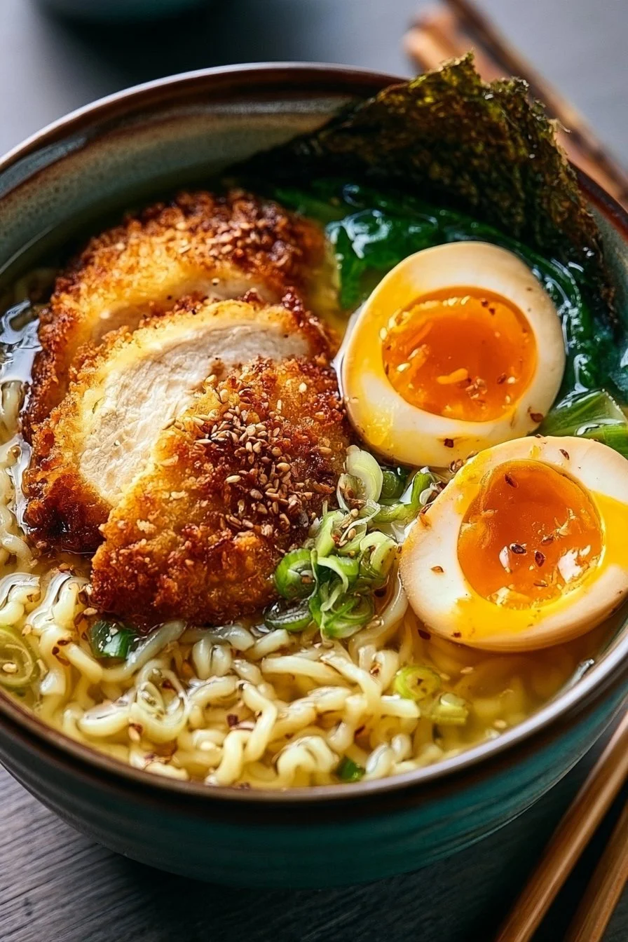 Chicken Katsu Ramen 1 Bowl of Chicken Katsu Ramen topped with crispy chicken and green onions.