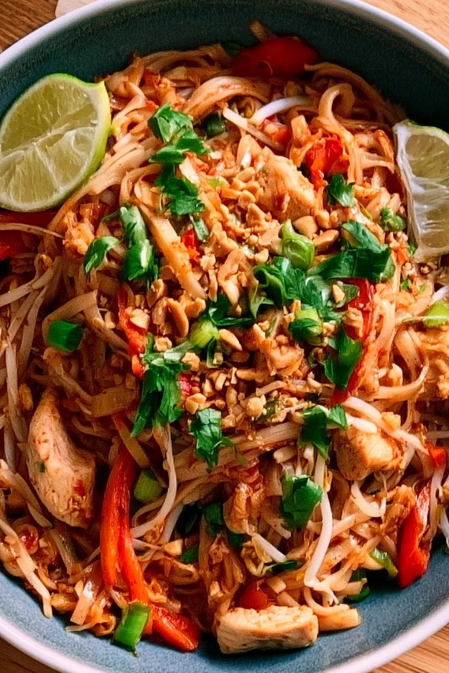 Sweet Soy Chicken Rice Noodles with Eggs and Vegetables 1 Delicious plate of Chicken Pad Thai with fresh ingredients and vibrant colors