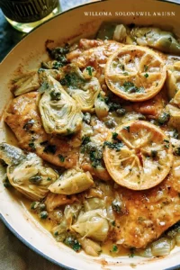 Plate of Chicken Piccata with artichokes garnished with fresh herbs