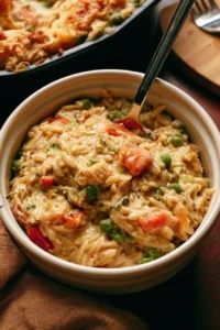 Delicious Chicken Pot Pie Orzo served in a bowl, garnished with fresh herbs.