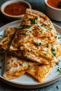 Delicious chicken quesadillas with melted cheese and fresh ingredients on a plate