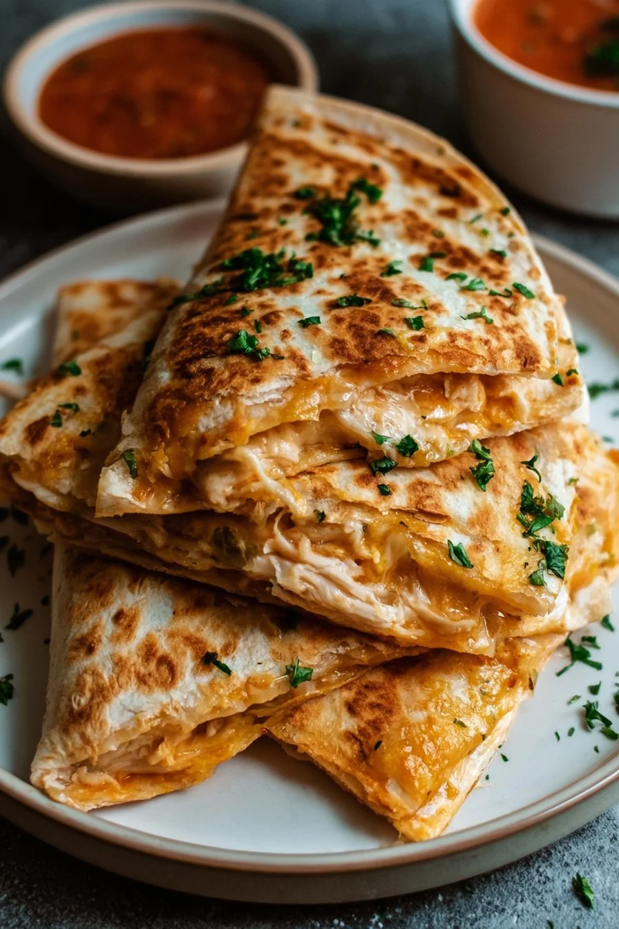 Delicious chicken quesadillas with melted cheese and fresh ingredients on a plate