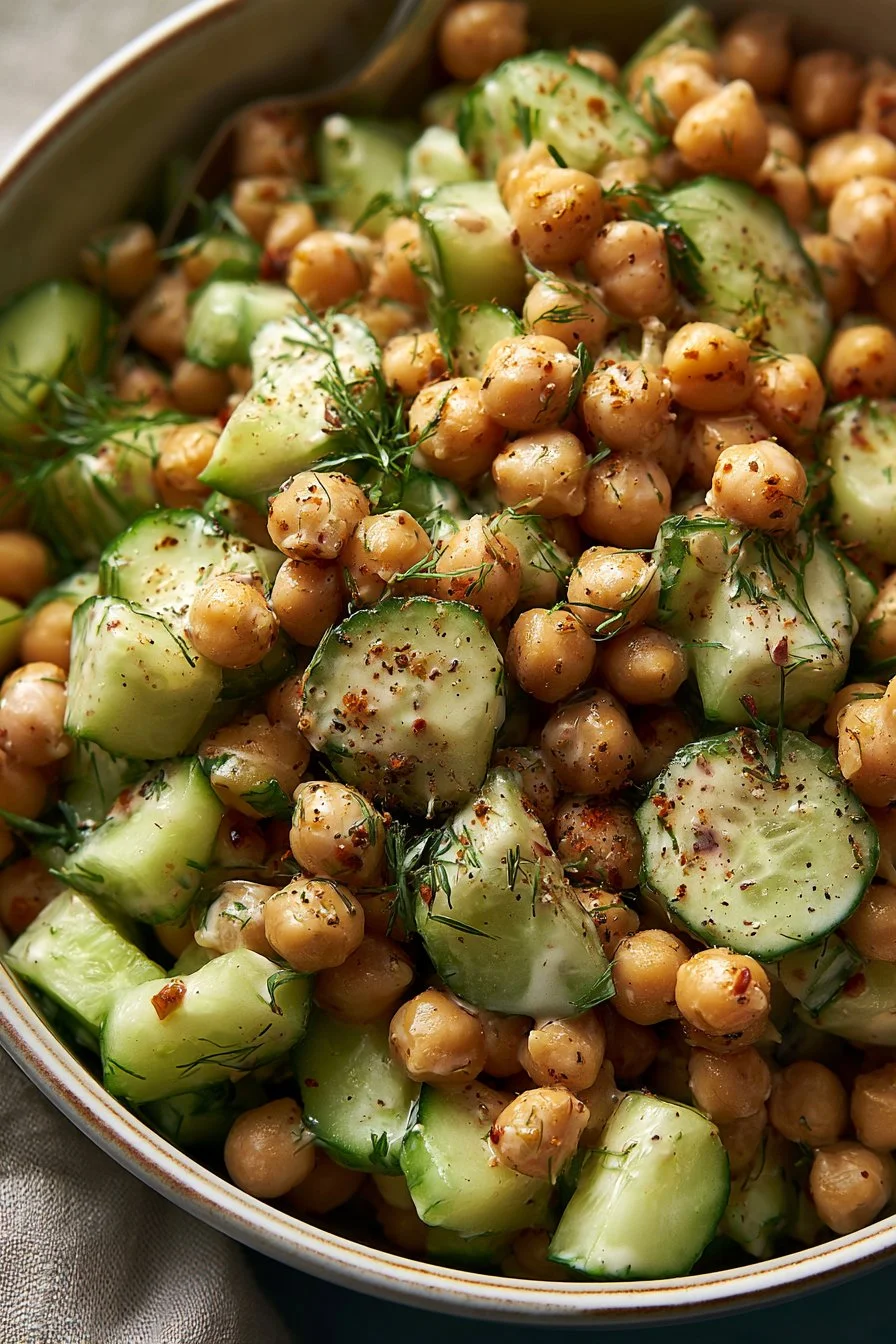 Home 24 Chickpea cucumber salad with creamy yogurt dressing in a bowl