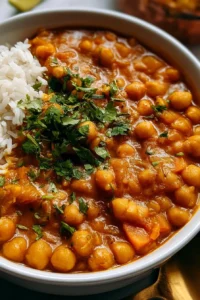 Delicious bowl of Chickpea Curry garnished with fresh herbs.