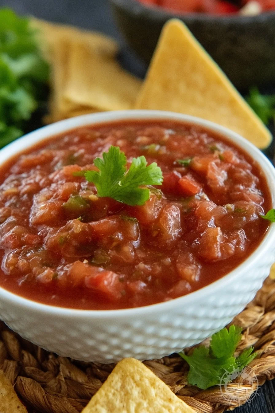 Blended Green Chile Salsa with Canned Tomatoes and Onion 4 Chili's copycat salsa recipe with fresh ingredients in a bowl