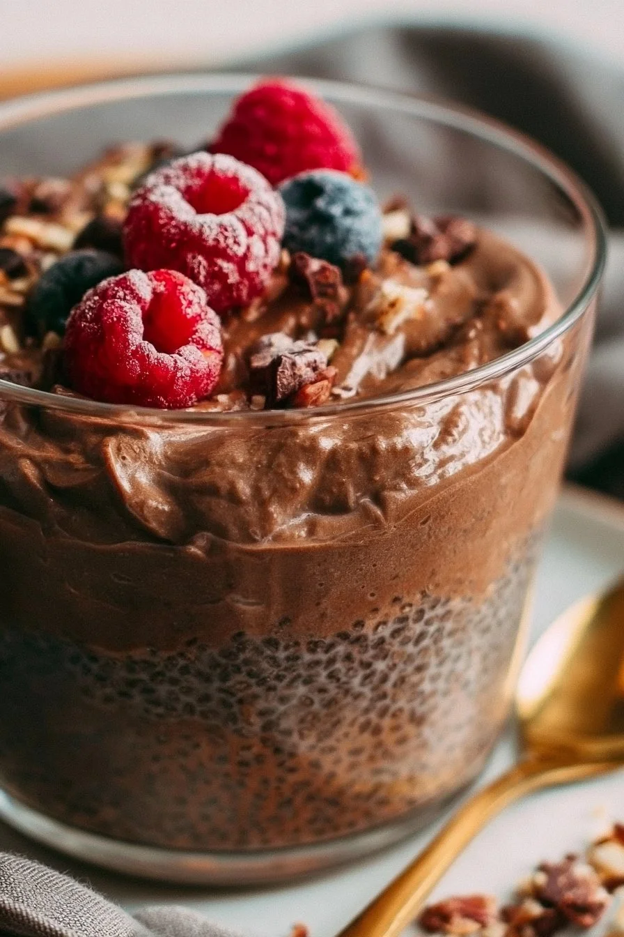 Creamy Chocolate Chia Seed Pudding in a glass topped with berries