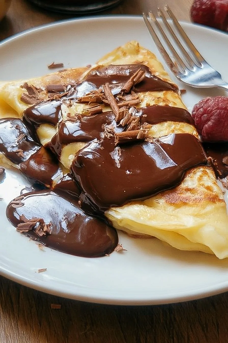 Chocolate Ganache Crepes 7 Delicious chocolate ganache crepes drizzled with rich chocolate sauce.