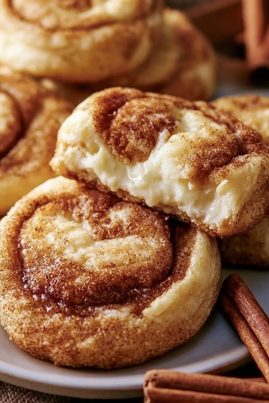 Delicious cinnamon roll cheesecake cookies topped with frosting and cinnamon.