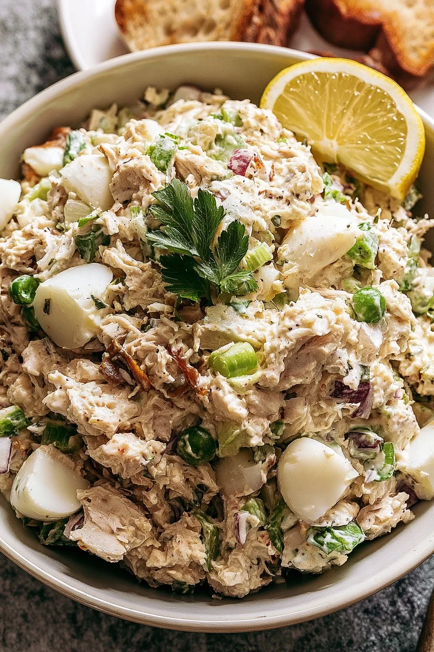 Delicious classic chicken salad in a bowl with fresh veggies.