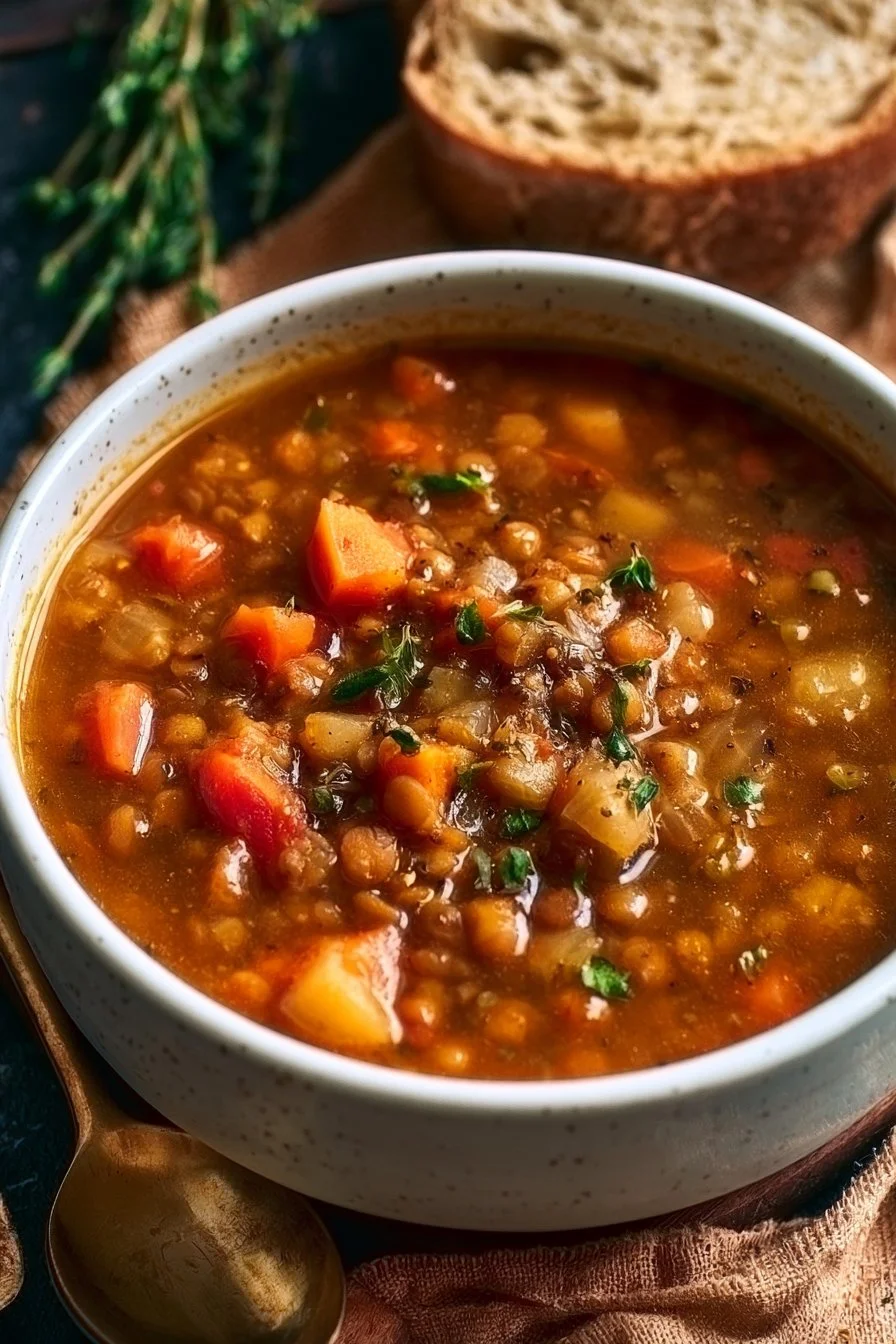 Bowl of classic lentil soup garnished with herbs and spices
