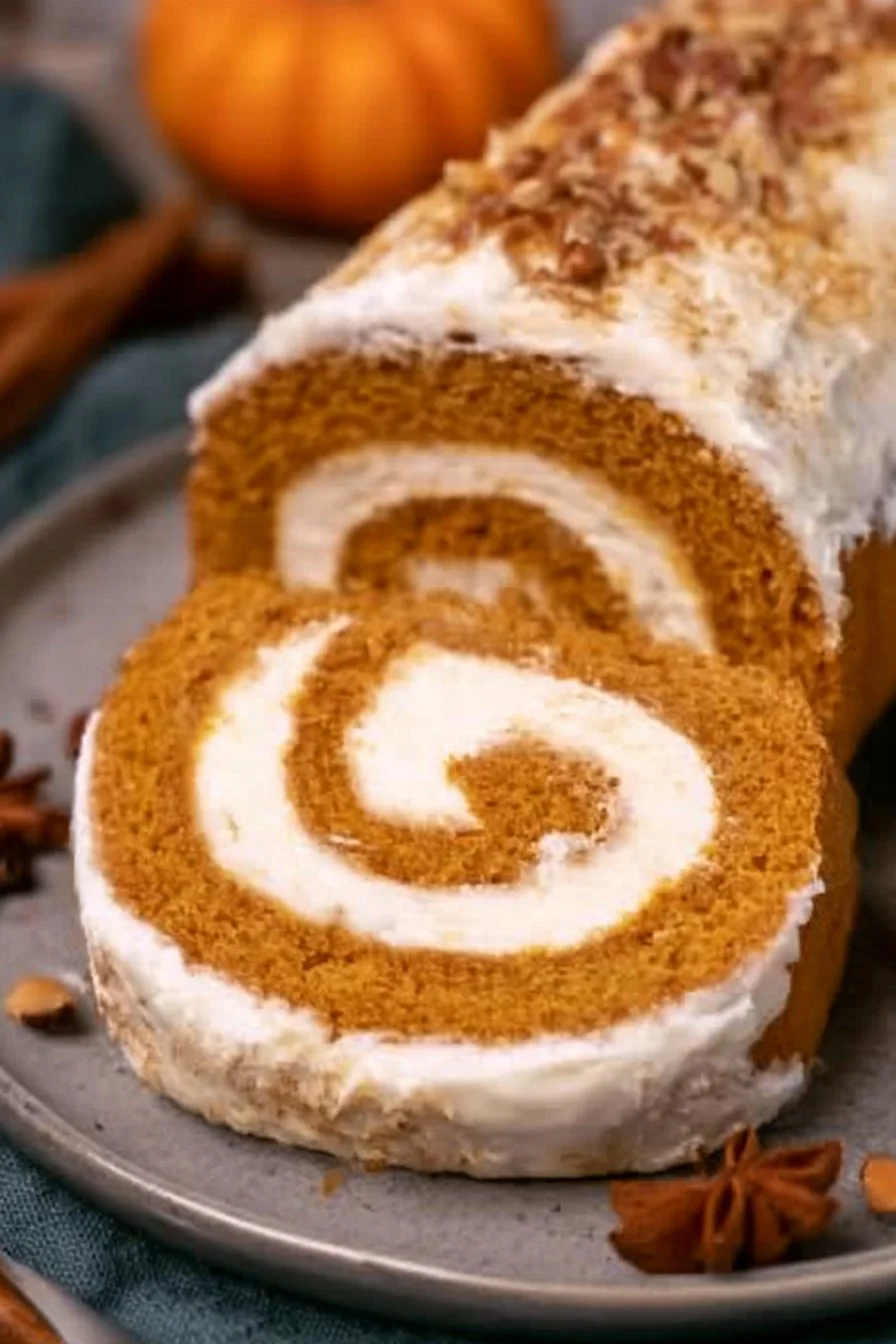Classic Pumpkin Roll 1 Sliced classic pumpkin roll with cream cheese filling on a wooden table.