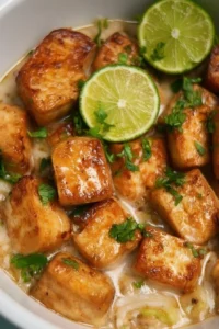 Delicious Coconut Lime Tofu dish garnished with fresh herbs