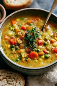 Bowl of comforting creamy vegetable soup with fresh vegetables and herbs