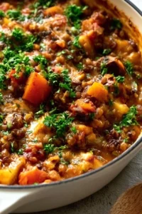Comforting vegetarian lentil casserole simmering in a cozy pot