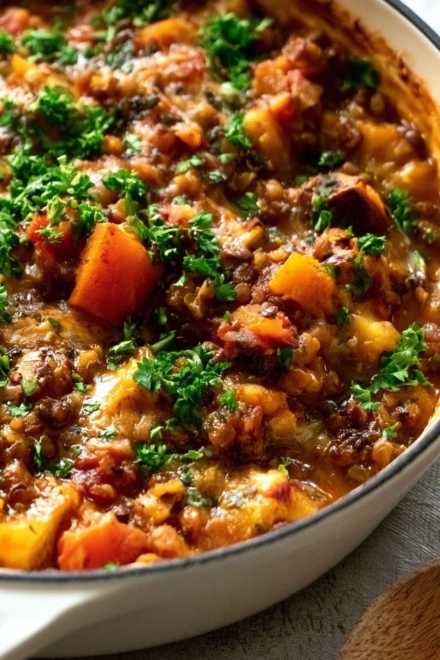 Comforting vegetarian lentil casserole simmering in a cozy pot