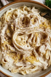 Plate of Cottage Cheese Alfredo pasta dish garnished with parsley.
