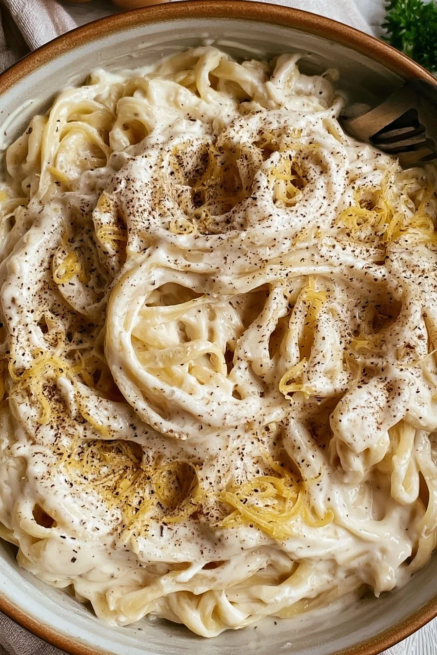 Plate of Cottage Cheese Alfredo pasta dish garnished with parsley.