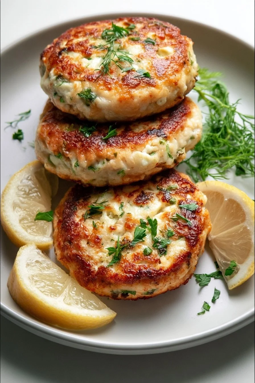 Cottage Cheese Chicken Patties on a plate garnished with herbs
