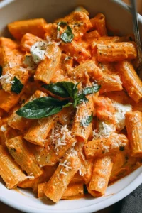 Creamy cottage cheese pasta dish with fresh herbs and vegetables