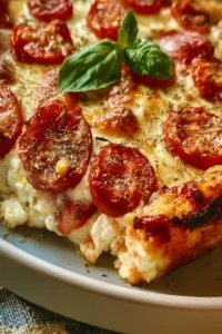 Cottage Cheese Pizza Bake topped with fresh vegetables and cheese